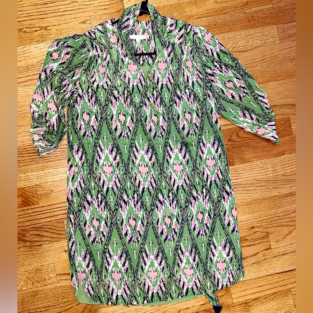 Jade Melody Tam Belted Ikat Sheath Dress Green Pink White Navy Size Small EUC